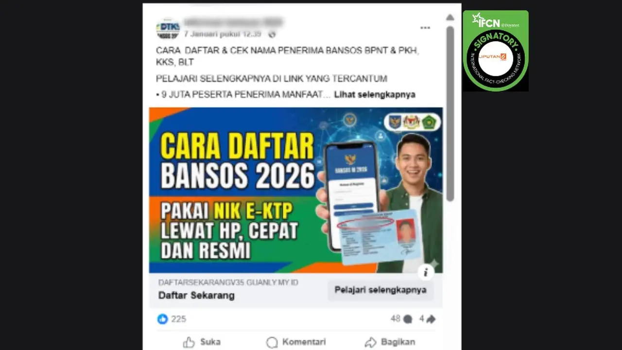 Tangkapan layar klaim link pendaftaran bantuan sosial (bansos) 2026 yang beredar di Facebook. Cek faktanya