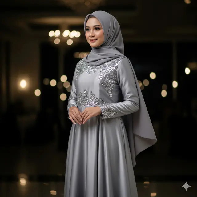 Dress Panjang Muslim Kombinasi Aksen Payet Elegan