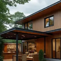 Desain rumah berbentuk L dengan warung di teras samping.