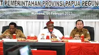 Rapat koordinasi (Rakor) dalam rangka penyiapan lahan lokasi pembangunan pusat pemerintahan Provinsi Papua Pegunungan telah dilakukan di Kantor Gubernur Papua Pegunungan, Wamena, Senin (6/2/2023). (Foto: Istimewa)
