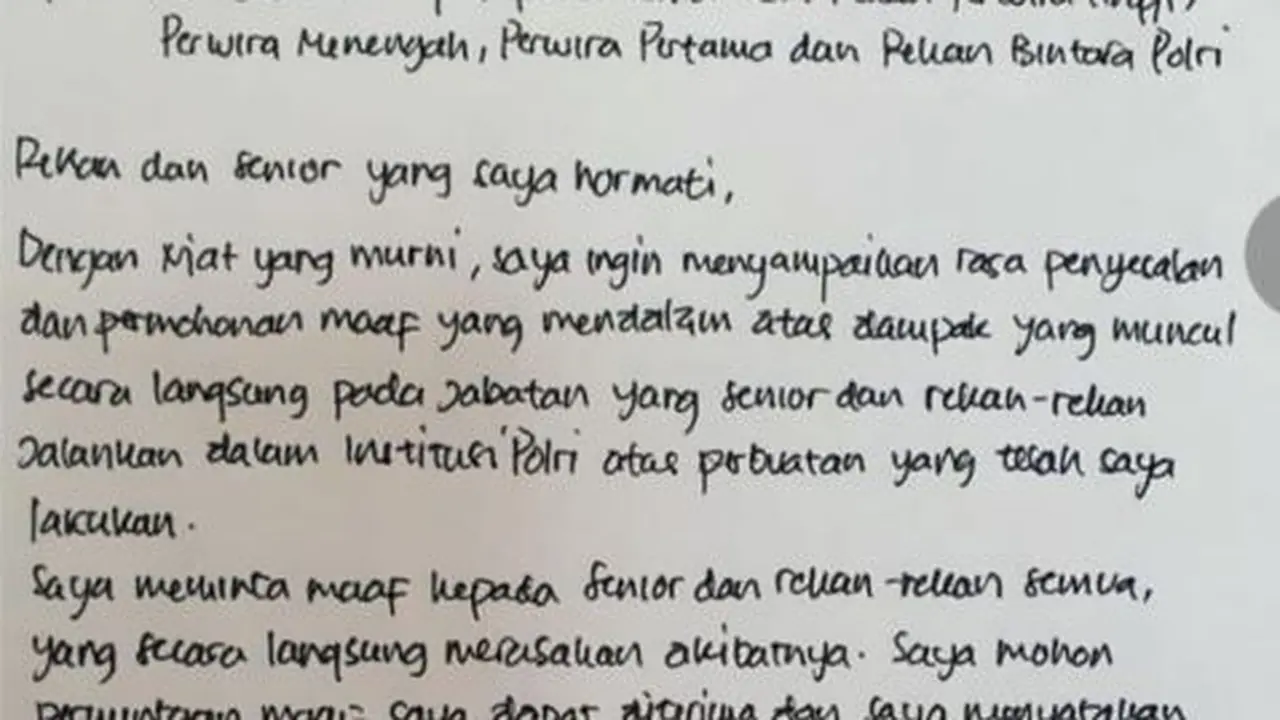 Surat Permintaan Maaf Mantan Kadiv Propam Polri Ferdy Sambo (Foto: Dok Pribadi)