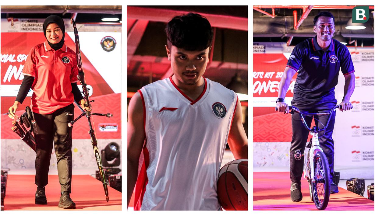 Kolase foto atlet Indonesia, Diananda Chaerunnisa (kiri), Yuda Saputera (tengah), dan Bagus Saputra saat mengenakan jersey terbaru Tim Indonesia untuk Asian Games 2022 Hangzhou di Kantor NOC Indonesia Lantai 16, Gedung FX Senayan, Jakarta, Sabtu (09/09/2023). Terdapat tiga palet warna yang digunakan yaitu merah, putih, dan hitam. (Bola.com/Bagaskara Lazuardi)