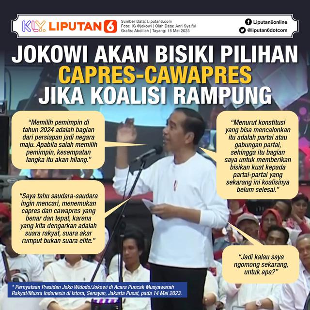 Infografis Jokowi Akan Bisiki Pilihan Capres-Cawapres jika Koalisi Rampung. (Liputan6.com/Abdillah)