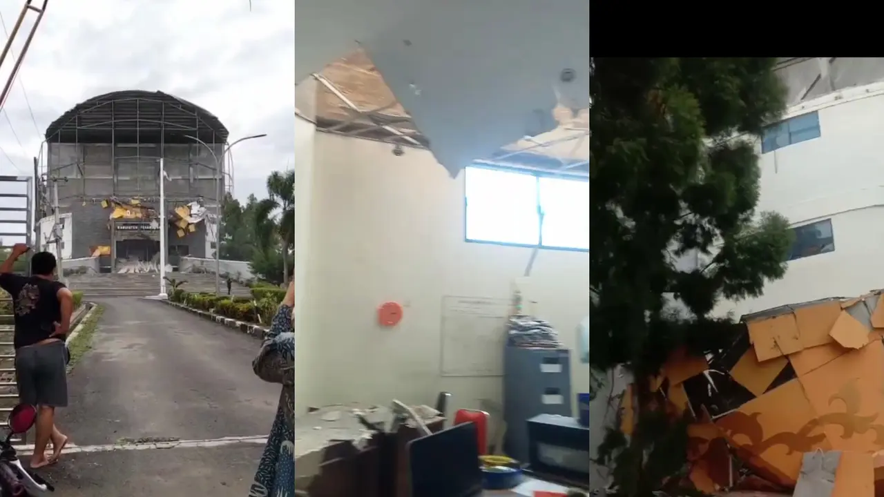 Tangkapan layar rekaman video amatir dari warga memperlihatkan kondisi sebagian atap Gedung DPRD Kabupaten Pesawaran ambruk. Foto : (Istimewa).