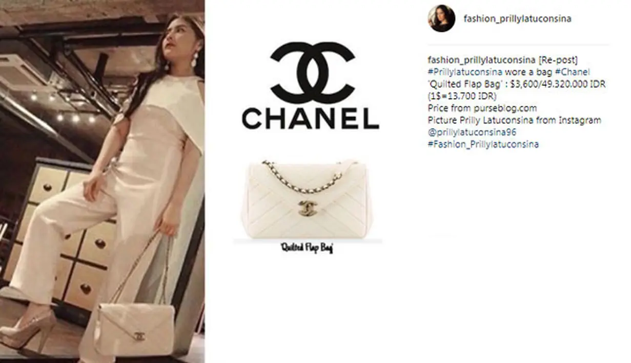 Saat menghadiri suatu acara, Prilly terlihat mengenakan tas bermerek Chanel. Tas warna putih ini berharga Rp 49 juta. (Foto: instagram.com/fashion_prillylatuconsina)