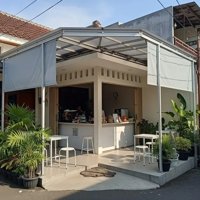 Desain Teras Rumah Pojok Cocok untuk Warung Kecil Depan Jalan