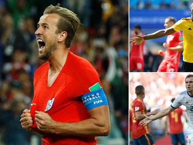 Striker Inggris, Harry Kane, menjadi pemimpin sementara klasemen top scorer Piala Dunia 2018 hingga babak 16 besar. Berikut deretan sementara pencetak gol pada Piala Dunia 2018. (Kolase foto-foto dari AP dan AFP)