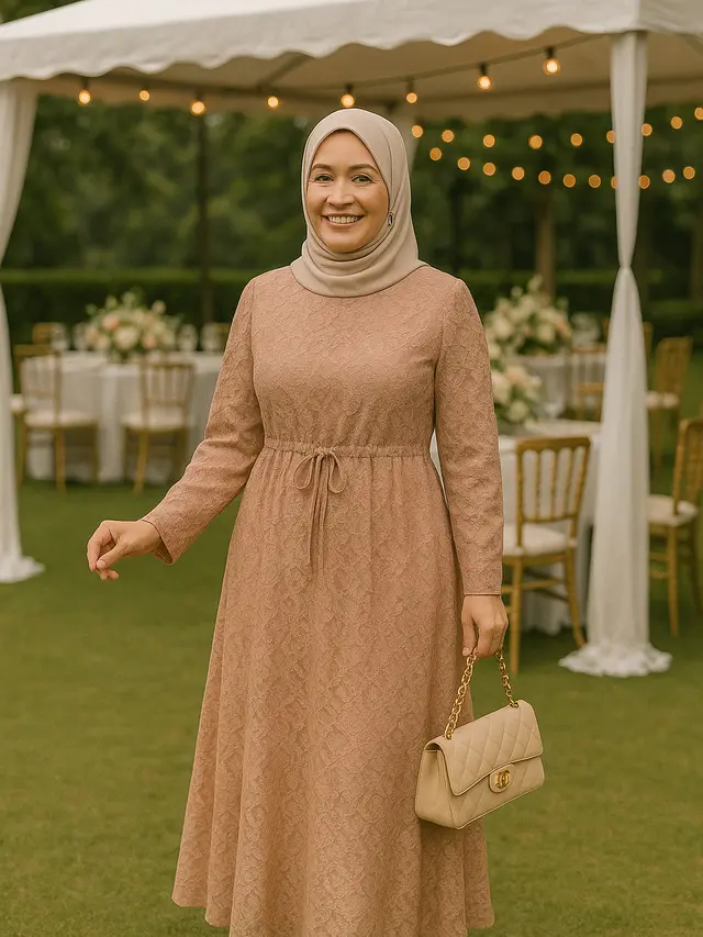 Model Gamis Brokat Tali Pinggang untuk Ibu-ibu Usia 40 Tahun