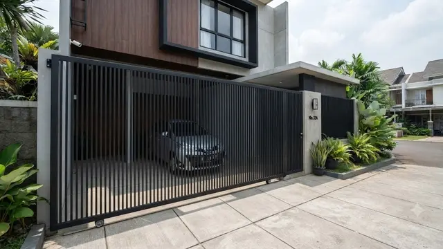 Pintu Pagar Geser Kombinasi Kisi-Kisi dan Plat Besi (AI Generated)
