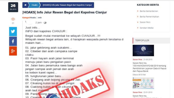 [Cek Fakta] Hoaks Kabar Wilayah Cianjur Saat Ini Rawan Begal