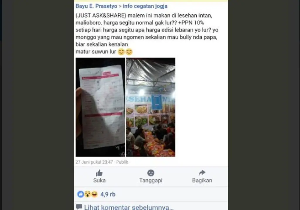 Bukan cuma nasi, lesehan di Yogyakarta ini juga mematok harga "selangit" pada beberapa menunya. (Foto: Facebook)