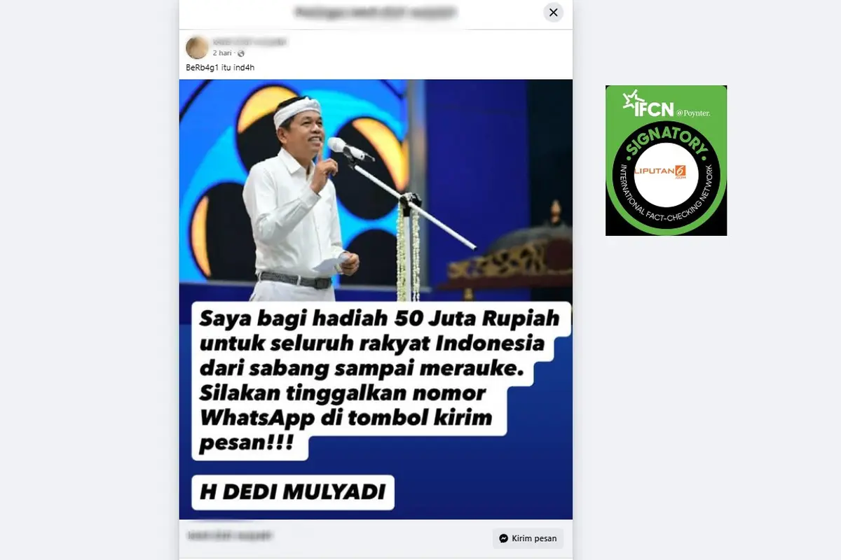 Tangkapan layar klaim Gubernur Jabar Dedi Mulyadi membagikan hadiah Rp 50 juta kepada masyarakat dari Sabang sampai Merauke yang beredar di Facebook.