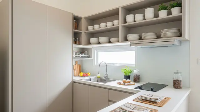 Kitchen Set dengan Rak Terbuka dan Kabinet Vertikal