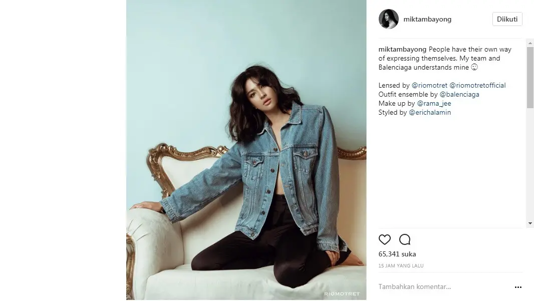 Mikha Tambayong tampil seksi untuk pemotretan jaket denim (Foto: Instagram)