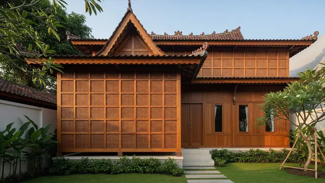 Rumah Kampung dengan Dinding Roster Kombinasi Kayu/Gemini AI