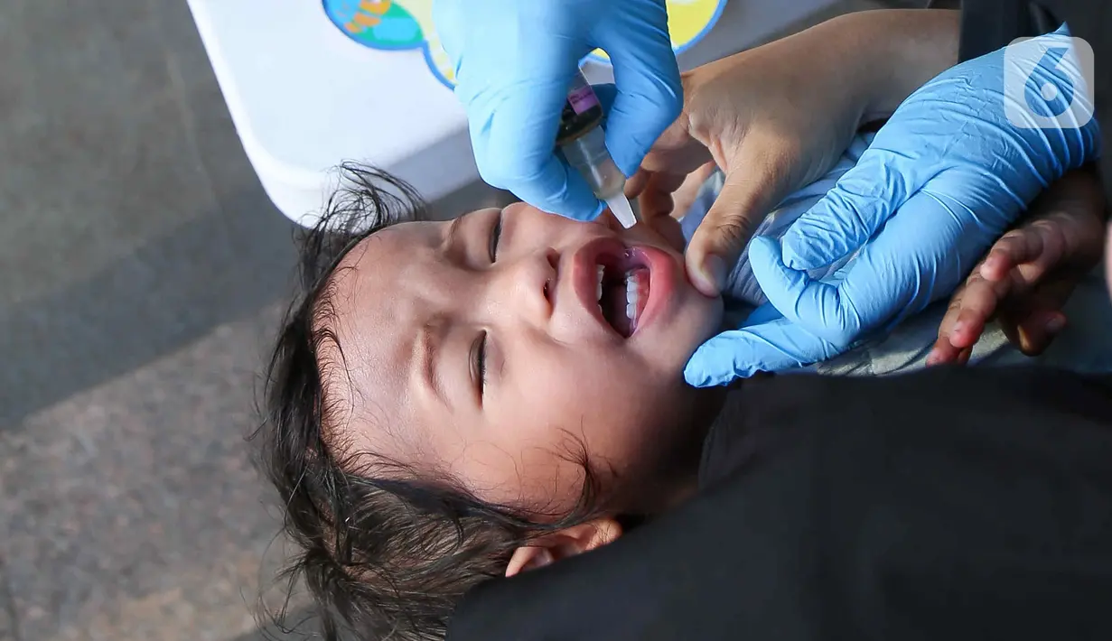 Tenaga kesehatan dari Puskesmas Menteng meneteskan vaksin polio kepada seorang anak saat hari bebas kendaraan bermotor atau car free day di kawasan Bundaran Hotel Indonesia (HI), Jakarta, Minggu (8/9/2024). (Liputan6.com/Herman Zakharia)