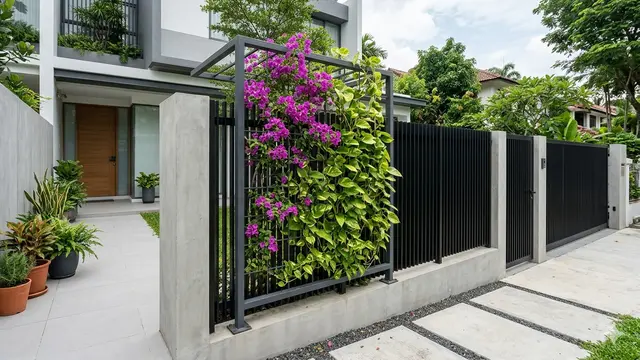 Ide Pagar Rumah Modern dengan Tanaman Rambat yang Tetap Sulit Dipanjat. Gemini