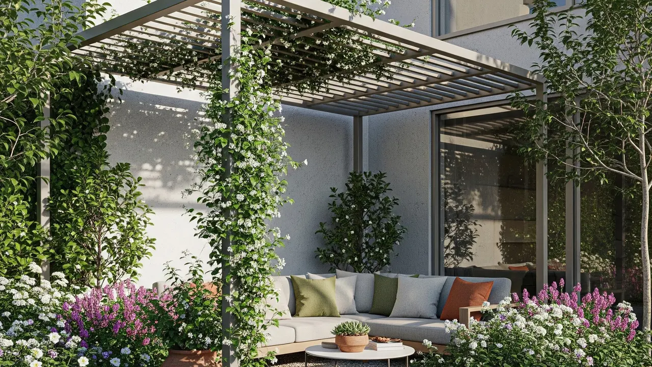 Sudut Taman Kecil dengan Pergola Baja Ringan (Gemini AI)