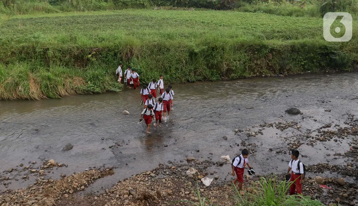 Sejumlah pelajar Sekolah Dasar (SD) menyeberangi sungai Cihideung untuk menuju sekolah mereka di Kampung Sempur, Kabupatan Bogor, Jawa Barat, Selasa (15/4/2025). (Liputan6.com/Herman Zakharia)