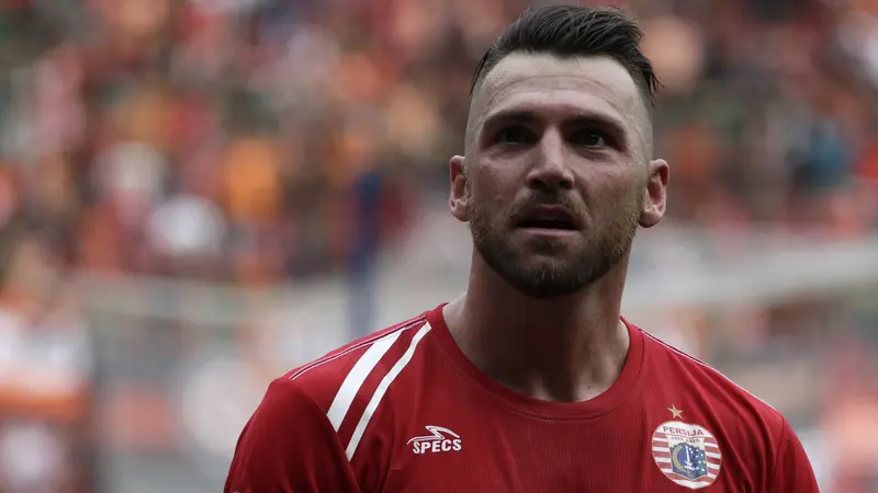 Striker Persija Jakarta, Marko Simic, merayakan gol yang dicetaknya ke gawang 757 Kepri Jaya. (Bola.com/Yoppy Renato)