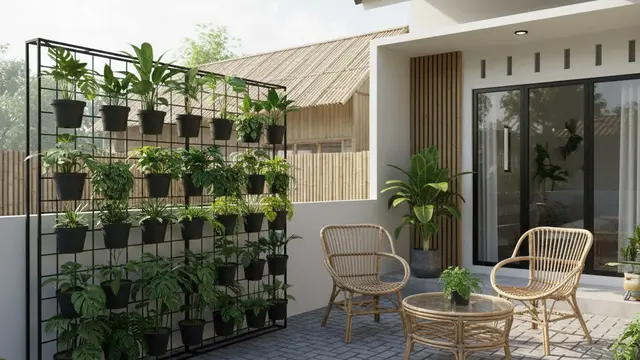 Desain Teras Rumah dengan Taman Mini di Desa. AI