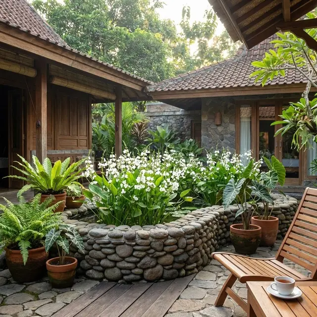 Ide Teras Adem Kombinasi Tanaman Hias dan Kolam Mini