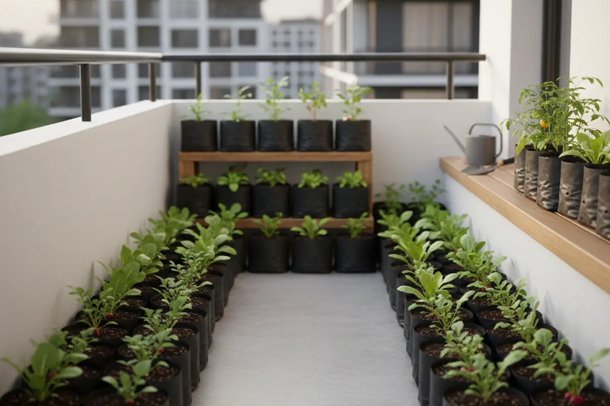 Balkon Kecil dan Minimalis Penuh dengan Sayuran di Polybag