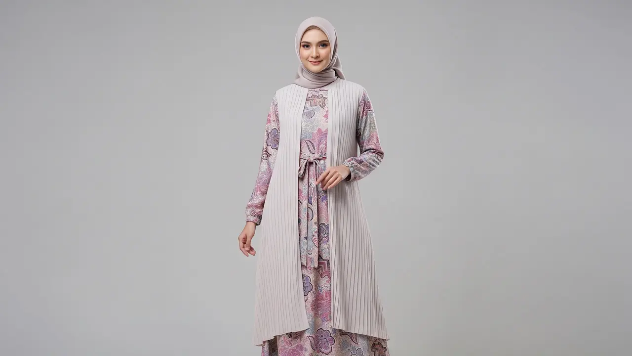Gamis Batik Pastel dengan Outer Plisket