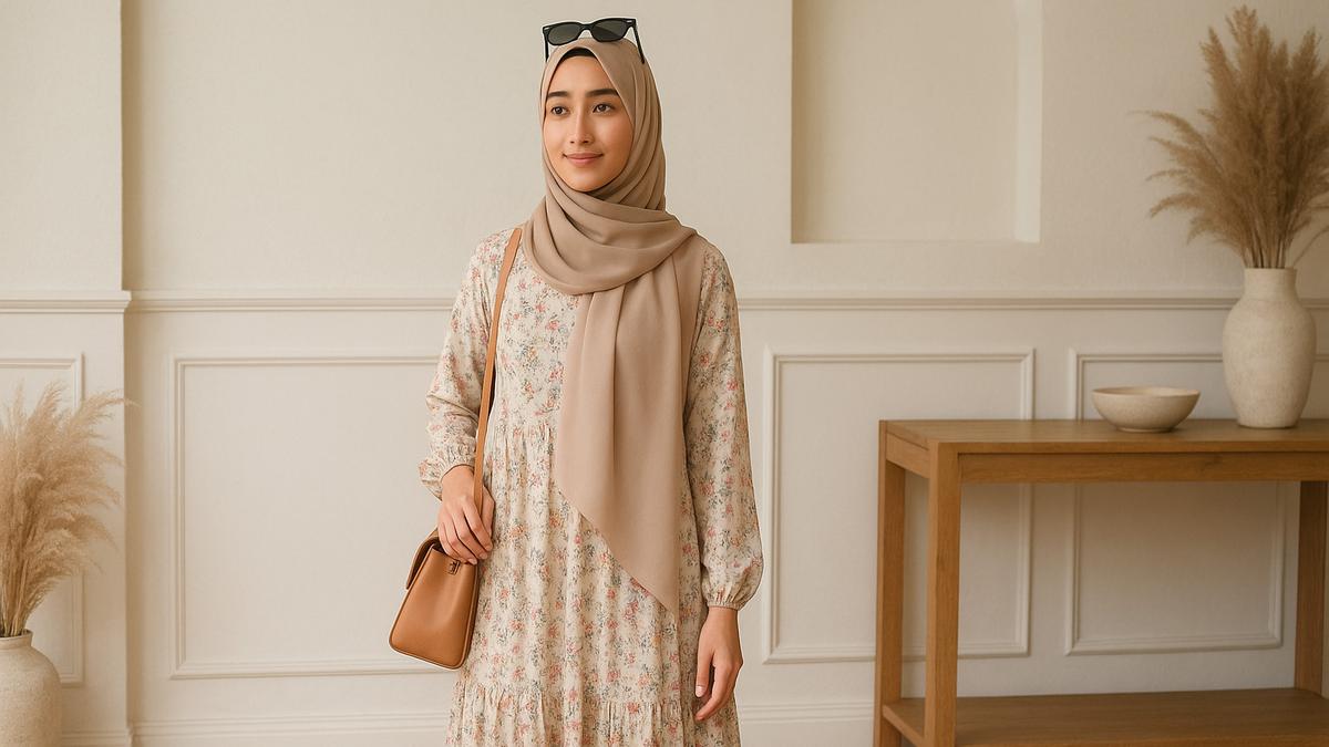 7 Model Gamis dengan Hijab Pashmina Lilit Simpel yang Lagi Tren, Tampil Anggun Tanpa Ribet