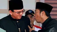 Ahok dan H. Lulung terlihat akur di acara Lebaran Betawi. Padahal seminggu terakhir mereka terlihat bersitegang dengan komentar keras satu sama lain, Jakarta, Minggu (14/9/2014) (Liputan6.com/Faisal R Syam)