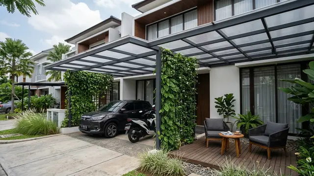 Desain Kanopi untuk Parkir, Tanaman Rambat, dan Area Santai  (AI Generated)