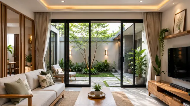 Desain Ruang Tamu dengan Dinding Kaca untuk Rumah Sederhana yang Sempit/AI Generated