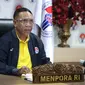 Menpora RI Zainudin Amali secara virtual membuka acara Kegiatan Uji Publik Penyusunan Grand Design Keolahragaan dari lantai 9, Kemenpora, Senayan, Jakarta, Senin (19/10).