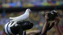 Seekor burung merpati hinggap di salah satu kamera fotografer saat laga pembuka Brasil vs Kroasia, Sao Paulo, Brasil, Kamis (12/6/2014) (AFP PHOTO/ADRIAN DENNIS)