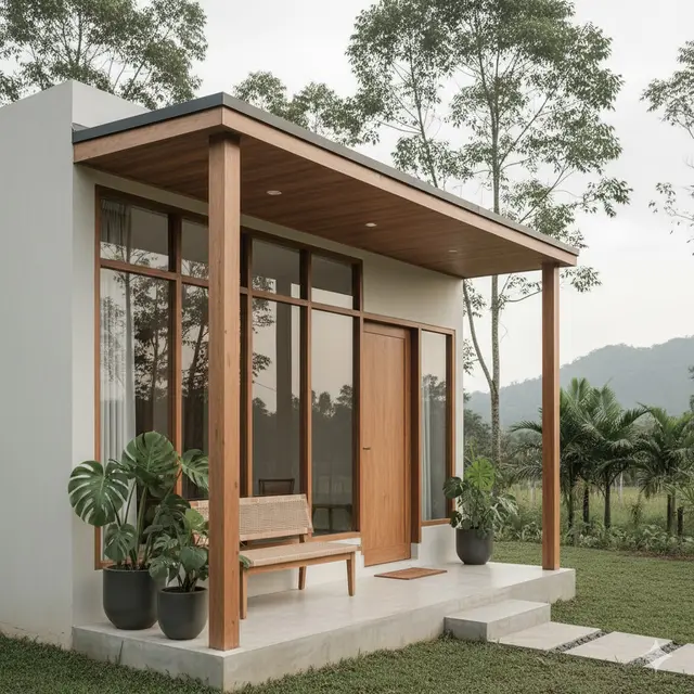 Model Rumah Kecil Tapi Luas dengan Tanaman Daun Lebar di Teras Depan