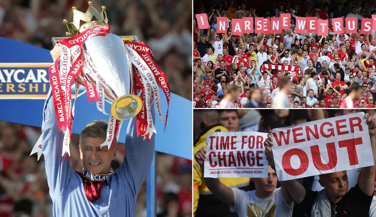 Pelatih Arsenal, Arsene Wenger, akhirnya mengumumkan pensiun pada akhir musim 2017/2018. Selama 22 tahun membesut The Gunners, dirinya pernah membawa kejayaan namun kerap pula mendapatkan caci maki. (Kolase foto-foto dari AFP)