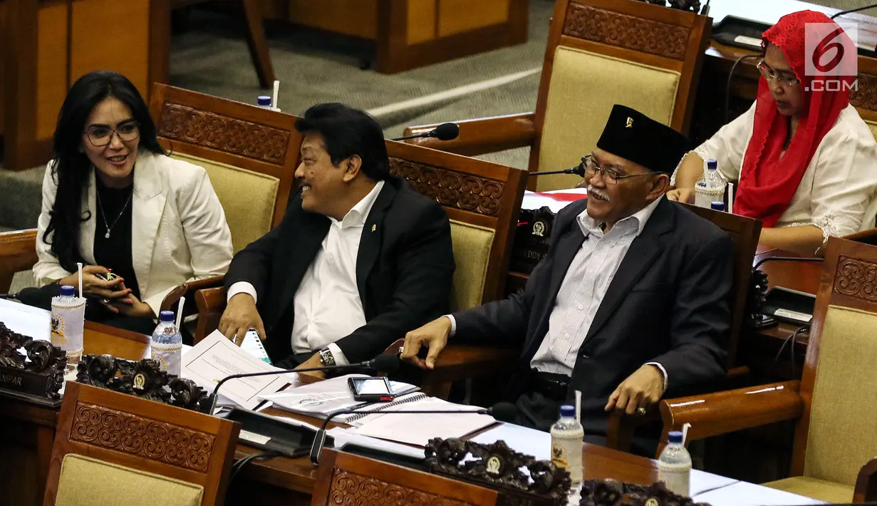 Anggota DPR Rieke Diah Pitaloka (kiri) berbincang saat mengikuti rapat paripurna di Kompleks Parlemen, Jakarta, Selasa (16/7/2019). Salah satu agenda yang dibahas adalah pembacaan surat Presiden Joko Widodo atas pertimbangan permohonan amnesti untuk Baiq Nuril. (Liputan6.com/JohanTallo)