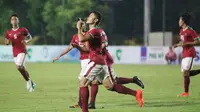 Striker Timnas U-19, Dimas Drajad merayakan gol yang dicetaknya ke gawang Thailand. (PSSI)