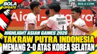 Highlight pertandingan sepak takraw nomor men's quadrant Grup B Asian Games 2026 antara Indonesia vs Korea Selatan. Indonesia tampil dominan dan meraih kemenangan 2-0 dengan skor 15-8, 15-7.