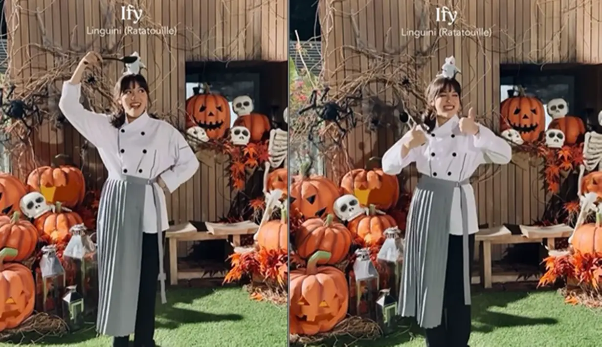 Ify Alyssa membagikan momen pesta kostum Halloween bareng teman-temannya. Di antaranya ada 2 personel Blink yaitu Agatha Pricilla dan Sivia Azizah. Perempuan 27 tahun itu tampil sebagai karakter Linguini dari film animasi Ratatouille dengan kostum chef. (Liputan6.com/IG/@ifyalyssa)