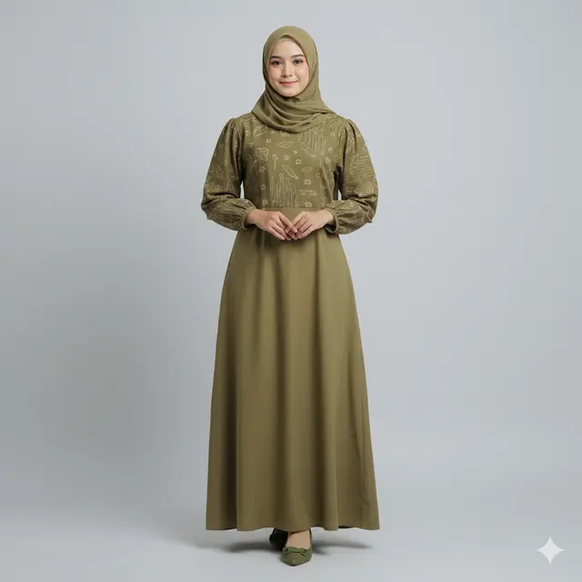 Model Gamis Batik Kombinasi Polos Warna Olive Cocok untuk Lamaran Sederhana. Gemini