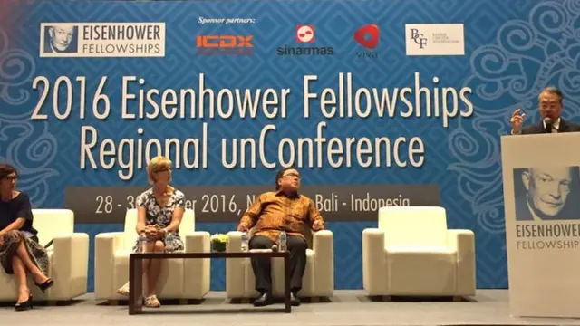 Menteri PPN/Kepala Bappenas Bambang Brodjonegoro dalam acara Regional UnConference yang diadakan oleh Alumni Eisenhower Fellowship, di Nusa Dua, Bali.