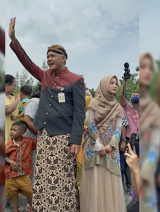 <p>Saat bersama Ganjar Pranowo, Chacha mengenakan pakaian serba cokelat dari atasan lace dipadukan skirt panjang organza.&nbsp;(@chafrederica)</p>