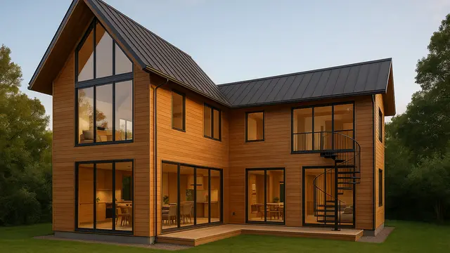 Rumah Kayu Modern Minimalis Leter L dengan Atap Asimetris (Foto: ChatGPT)