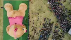 Pandangan dari udara, sebuah boneka beruang teddy (Teddy Bear) berukuran raksasa ketika di ukur panitia di Xonacatlan, Meksiko (28/4/2019). Boneka berukuran 20 meter persegi dengan berat 4 ton, masuk dalam Guinness Book of World Records. (Mario Vazquez / AFP)