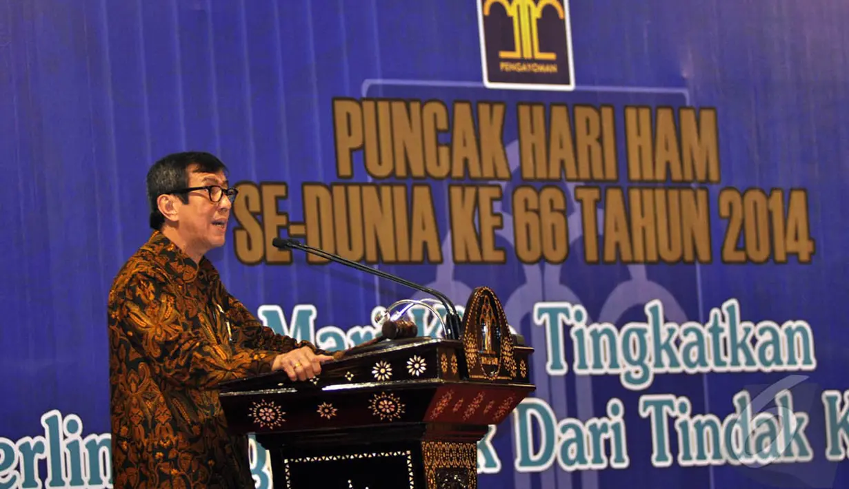 Menkum HAM, Yasonna Laoly  menghadiri acara Peringatan Hari HAM se-dunia ke-66 di Jakarta, Rabu (10/12/2014). (Liputan6.com/Miftahul Hayat)