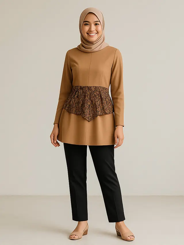 Model Tunik Batik Kombinasi Kain Polos Untuk Kerja/Ilustrasi Gambar AI