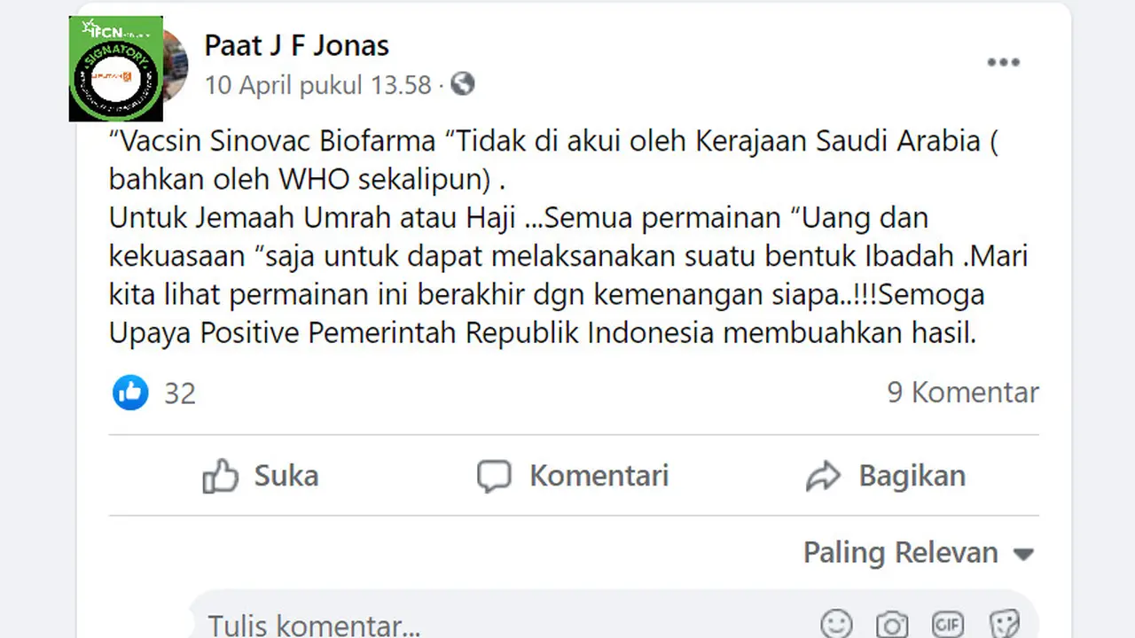 Cek Fakta Liputan6.com menelusuri klaim WHO dan Pemerintah Arab Saudi tidak mengakui Vaksin Sinovac