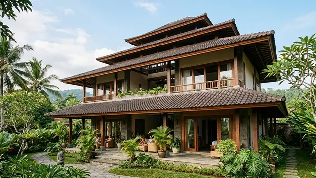 Rumah Tropis dengan Teritisan Atap Bertingkat (AI Generated)