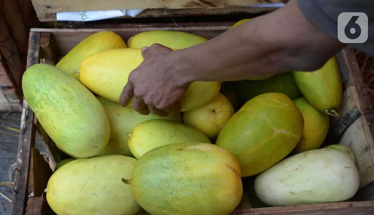 Pedagang marapikan timun suri di pasar induk Kramat Jati, Jakarta, Sabtu (17/4/2021). Timun Suri menjadi menu saat berbuka puasa dimana para pedagang menjual sekitar Rp 5500 perkilo. (merdeka.com/Imam Buhori)